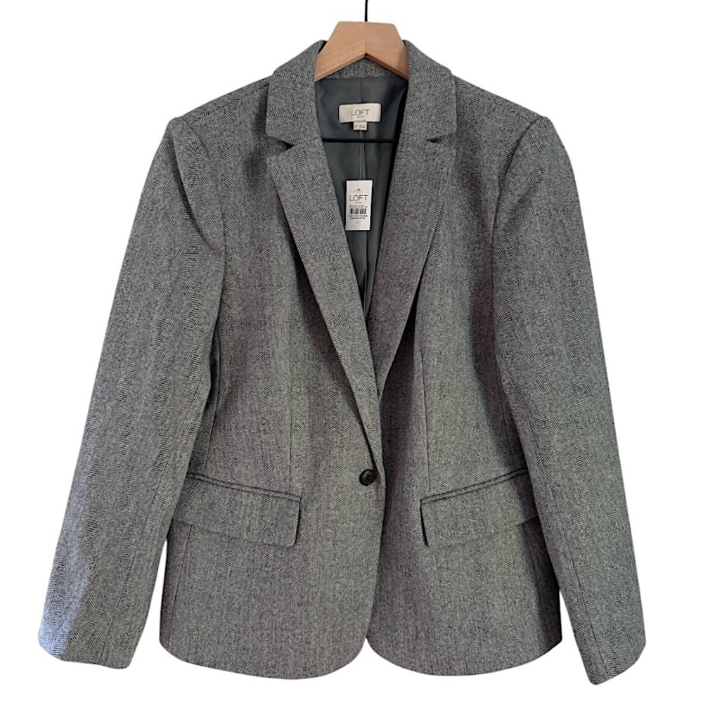 NWT‎ Loft Outlet Women’s Herringbone One Button Blazer Jacket Grey Size 10